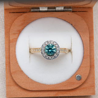 Aqua Blue Green Australian Sapphire Ring + Diamond Halo in Yellow Gold By World Treasure Designs