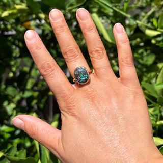 Australian Aqua Matrix Boulder Opal Ring Bezel Set in Yellow Gold by World Treasure Designs