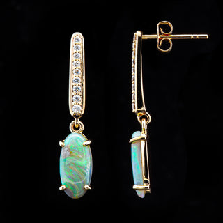Australian Black Crystal Opal and Diamond Earrings in Yellow Gold by World Treasure Designs