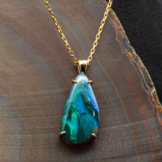 Australian Blue-Green Black Opal Pendant in Yellow Gold by World Treasure Designs