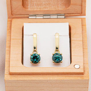 Australian Blue Sapphire Drop Earrings Set in Yellow Gold by World Treasure Designs