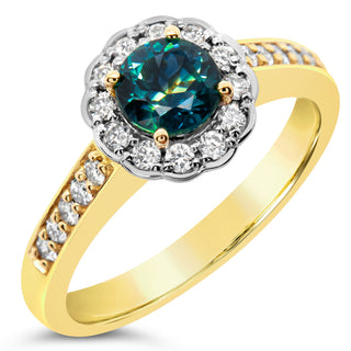 Australian Blue Parti Sapphire and Diamond Halo Ring in White and Yellow Gold by World Treasure Designs