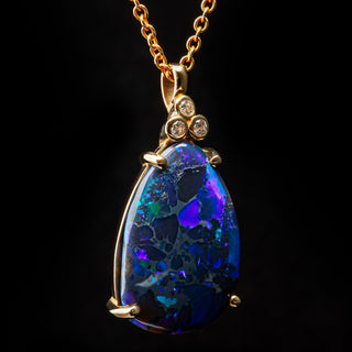 Australian Purple-Blue Black Opal Pendant with Diamonds in Yellow Gold by World Treasure Designs