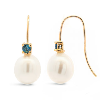 Pearl and Australian Blue Sapphire Earrings in Yellow Gold by World Treasure Designs