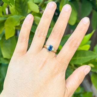 Australian Radiant Cut Blue Sapphire Ring with Diamonds in Yellow Gold by World Treasure Designs