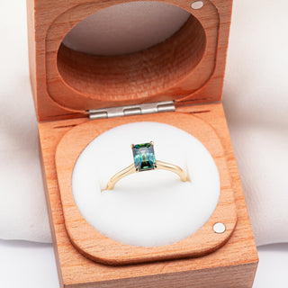 Australian Emerald Cut Blue-Green Parti Sapphire Ring in Yellow Gold by World Treasure Designs
