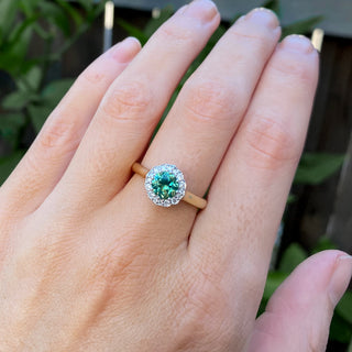 Australian Green-Blue Parti Sapphire Gwen Ring with Diamond Halo in Yellow and White Gold by World Treasure Designs