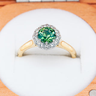 Australian Green-Blue Parti Sapphire Ring with Halo of Diamonds in Yellow and White Gold by World Treasure Designs