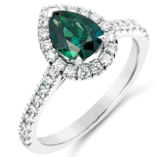 Australian Green-Blue Parti Sapphire Ring with Halo of Diamonds in White Gold by World Treasure Designs