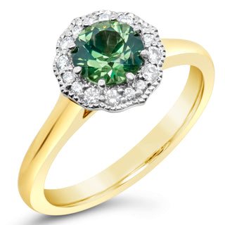 Australian Green-Blue Parti Sapphire and Diamond Halo Ring in Yellow and White Gold by World Treasure Designs