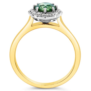 Diamond Halo Ring with Australian Green-Blue Parti Sapphire Stone in Yellow and White Gold by World Treasure Designs