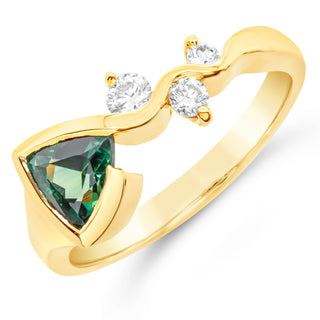 Australian Green-Blue Tri-Cut Parti Sapphire Ring with Diamonds on a wavy band in Yellow Gold by World Treasure Designs