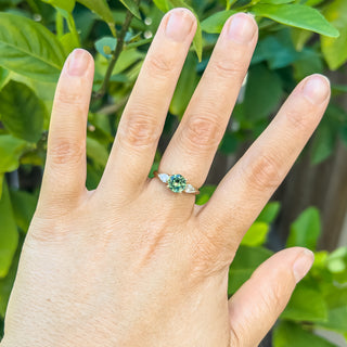 Australian Green Parti Sapphire Ring with Pear Cut Diamonds in Yellow Gold by World Treasure Designs