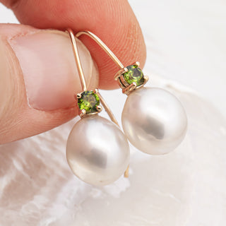 Australian Green Sapphire and Australian South Sea Pearl Earrings in Yellow Gold by World Treasure Designs