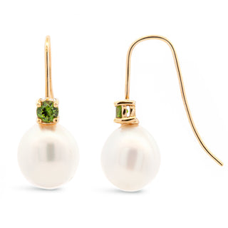 Australian Green Sapphire and Pearl Earrings in Yellow Gold by World Treasure Designs