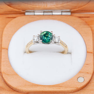 Australian Sapphire Diamond Trilogy Ring with Blue-Green Sapphire in in Yellow Gold by World Treasure Designs