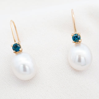Australian Blue Sapphire Earrings with a Pearl in Yellow Gold by World Treasure Designs