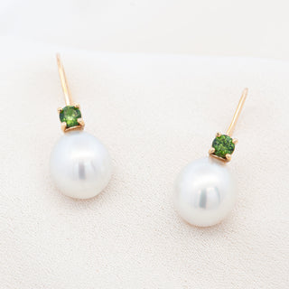 Green Australian Sapphire Earrings with Pearls in Yellow Gold by World Treasure Designs