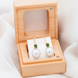 Pearl Earrings with Australian Green Sapphires in Yellow Gold by World Treasure Designs
