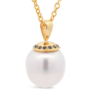 Australian South Sea Pearl Necklace with lots of Blue Sapphires in Yellow Gold by World Treasure Designs
