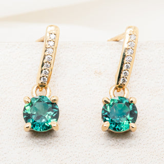 Australian Teal-Blue Sapphire and Diamond Earrings in Yellow Gold by World Treasure Designs