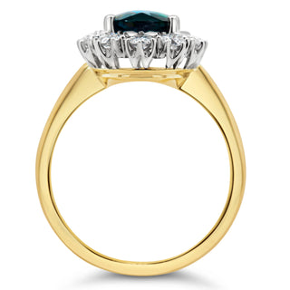 Blue Parti Oval Sapphire Ring with Halo of Diamonds in Platinum and Yellow Gold by World Treasure Designs