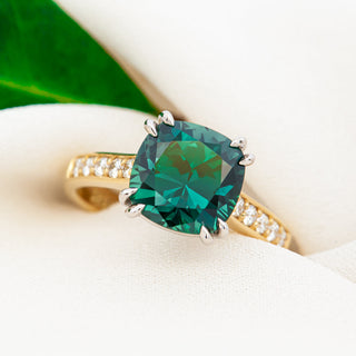 Cushion Cut Australian Teal Parti Sapphire Ring with Diamonds in Platinum and Yellow Gold by World Treasure Designs
