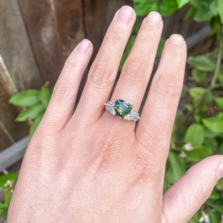 Green Parti Sapphire Ring Trilliant Cut with Diamonds in Yellow Gold by World Treasure Designs