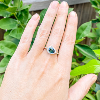 Horizontal Pear Australian Green Sapphire Ring with Diamonds in Yellow Gold by World Treasure Designs
