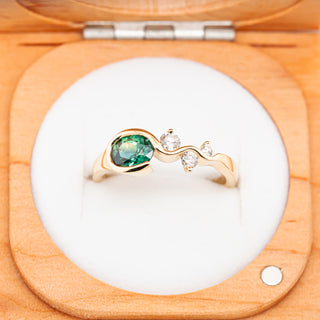 Australian Green Parti Sapphire Wavy Ring with Diamonds in Yellow Gold by World Treasure Designs