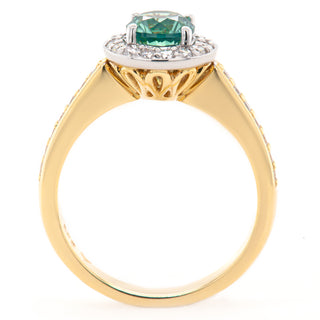 Light Teal Sapphire Ring Diamond Halo in Yellow Gold by World Treasure Designs