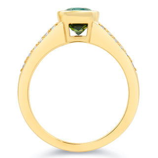 Long Cushion Cut Australian Green Parti Sapphire Ring with Split Shank Diamonds on Band in Yellow Gold by World Treasure Designs