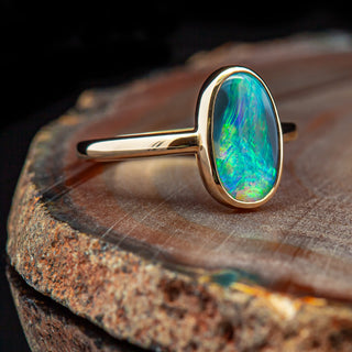 Ines | Blue-Green Australian Semi-Black Opal Ring