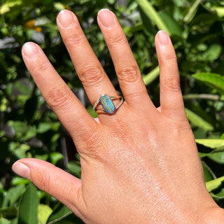 Multicoloured Australian Semi-Black Opal Ring with Diamond Split Shank Band in Yellow Gold by World Treasure Designs