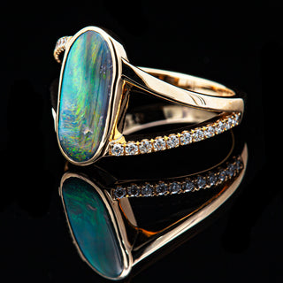 Multicoloured Split Shank Diamond and Australian Semi-Black Opal Ring in Yellow Gold by World Treasure Designs
