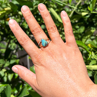 Blue Green Aqua Australian Black Opal Ring Bezel Set with Split Shank Diamond Band in Yellow Gold by World Treasure Designs