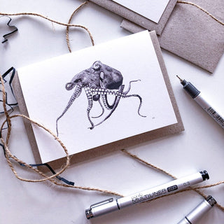 Octopus hand drawn on recycled paper by ELK Draws