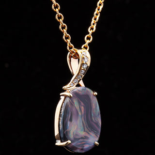 Pink Purple Australian Semi-Black Opal and Diamond Necklace in Yellow Gold by World Treasure Designs