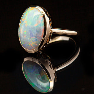 Rainbow Australian Semi-Black Opal Ring in Yellow Gold by World Treasure Designs