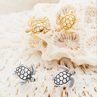 Sea Turtle Studs in Sterling Silver and Yellow Gold by World Treasure Designs