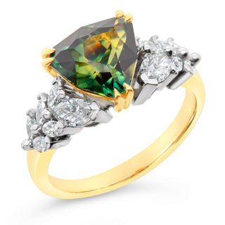 Trilliant Green-Yellow Parti Sapphire Ring with Marquise Diamonds in Yellow Gold by World Treasure Designs