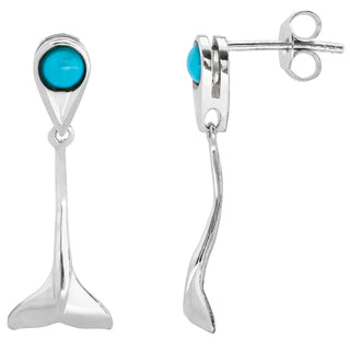 Whale Tail Fluke and Turquoise Drop Earrings in Sterling Silver by World Treasure Designs