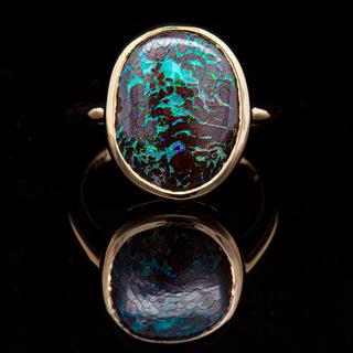 Australian Aqua Boulder Matrix Opal Ring Bezel Set in Yellow Gold by World Treasure Designs