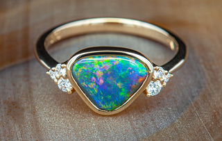 Bezel Set Multicoloured Australian Black Opal and Diamond Ring in Yellow Gold by World Treasure Designs