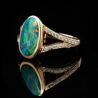 Australian Blue-Green Black Split Shank Opal and Diamond Ring in Yellow Gold by World Treasure Designs