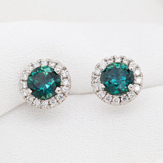 Australian Blue-Green Parti Sapphire Stud Earrings with a Diamond Halo in White Gold by World Treasure Designs