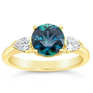 Australian Blue-Green Parti Sapphire Ring with Pear Cut Diamonds in Yellow Gold by World Treasure Designs