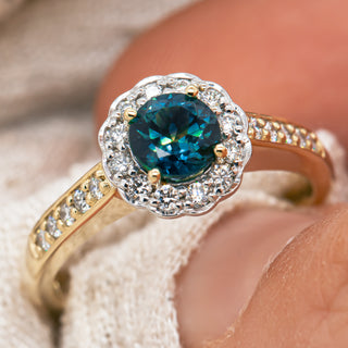 Australian Blue Parti Sapphire Ring with Diamond Halo in White and Yellow Gold by World Treasure Designs