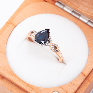 Australian Blue Sapphire Ring Pear Cut with Diamonds in Rose Gold by World Treasure Designs