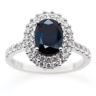 Australian Blue Sapphire Ring Vintage Style Ethically Made Double Halo Diamond Ring in White Gold by World Treasure Designs